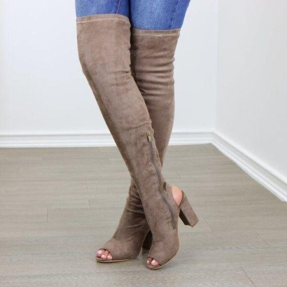 Suede Thigh High Peep Toe & Heel Chunky Heel Boot - Picture 5 of 8